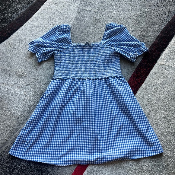 French Connection Blue Gingham Artina Puff Sleeve Smocked Mini Dress - Picture 5 of 5